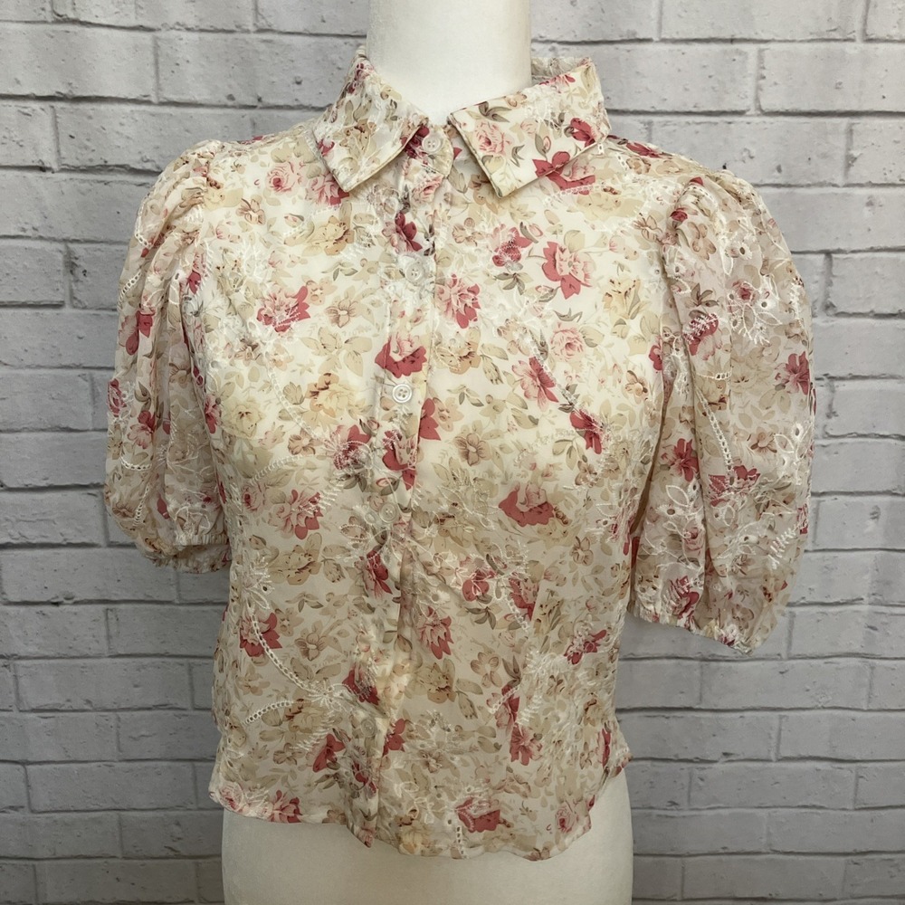 Peach Floral Eyelet Embroidered Blouse Women's Small Cottagecore